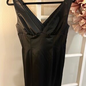 bebe Black Satin Plunge V-Neck Midi Cocktail Dress | Made in USA | Size Large